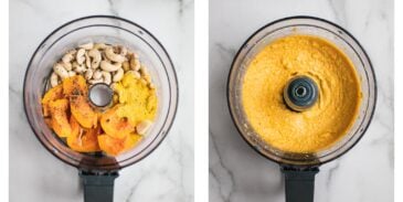 Instructions on how to make butternut squash cheese sauce in a food processor.