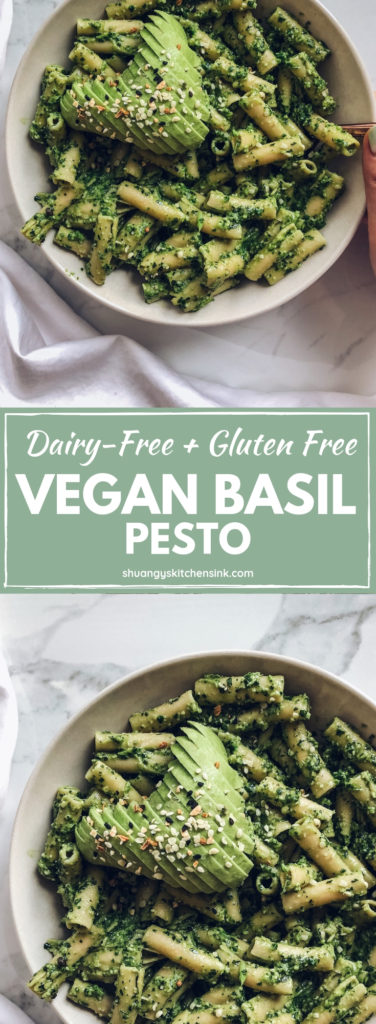 Vegan Basil Pesto | This homemade vegan pesto recipe is the best healthy alternative to the store-bought version. It’s dairy-free and gluten-free and a super easy recipe to make. Add it to your favorite gluten-free pasta for an easy gluten-free dinner! | Shuangy’s Kitchen Sink #shuangyskitchensink #vegan #glutenfree #dairyfree #veganpesto #easypesto #pestorecipes #basilpesto #realfoodrecipes