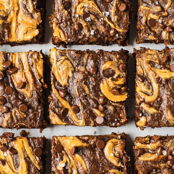 Sweet potato brownies with an almond butter swirl and chocolate chips