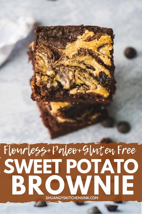 Healthy Flourless Sweet Potato Brownie | This healthy and easy flourless gooey brownie recipe is made with sweet potato and almond butter. These chewy brownies are packed with healthy fat protein and gluten free dairy free, refined sugar free, paleo, and can be made vegan easily. The best healthy alternative of brownie recipe you ever need! | #shuangyskitchensink #brownie #healthybrownie #healthydessert #sweetpotato #chocolate #paleodessert #paleo #glutenfree #dairyfree #dessertrecipe