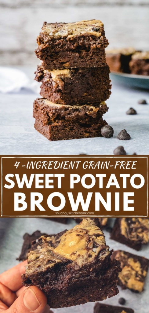 Healthy Flourless Sweet Potato Brownie | This healthy and easy flourless gooey brownie recipe is made with sweet potato and almond butter. These chewy brownies are packed with healthy fat protein and gluten free dairy free, refined sugar free, paleo, and can be made vegan easily. The best healthy alternative of brownie recipe you ever need! | #shuangyskitchensink #brownie #healthybrownie #healthydessert #sweetpotato #chocolate #paleodessert #paleo #glutenfree #dairyfree #dessertrecipe