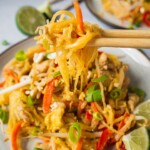 A pair of chopsticks are holding up some spaghetti squash pad thai.