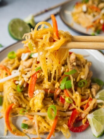A pair of chopsticks are holding up some spaghetti squash pad thai.