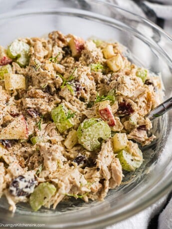 A bowl of chicken salad with celery, apples, cranberries and dill on top.