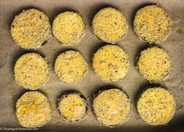 Breadcrumbs coated eggplants ready to go into the oven.