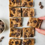 Finished healthy peanut butter fudge topped with chocolate chips.