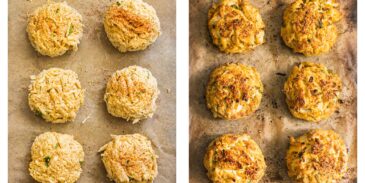Direction on how to broil crab cakes in the oven. Before and After Photo.