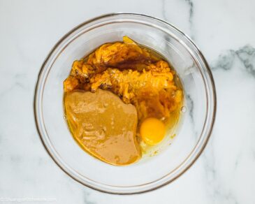 Instruction on how to make sweet potato chocolate donuts in a bowl.