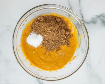 Instruction on how to make sweet potato chocolate donuts in a bowl.