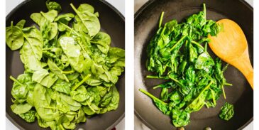 Before and After photo of baby spinach sautéed and raw.