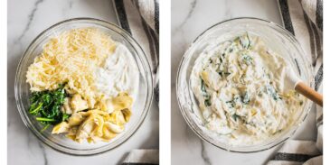 Ingredients for healthy spinach artichoke dip. Before and after photo of mixed ingredients together.