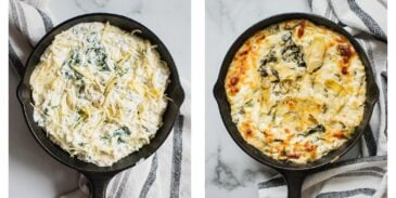 Before and After photo of ready for the oven and baked spinach artichoke dip.
