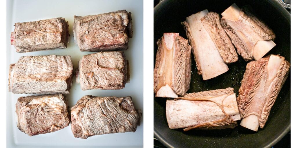 Anvisning på, hvordan man pan-sarcher oksekød short ribs, inden de tilberedes i crockpotten.