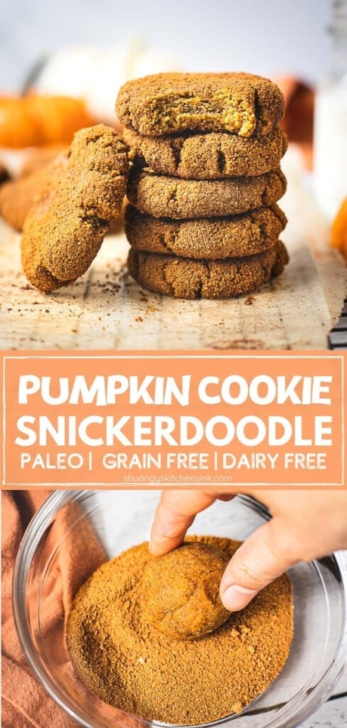 A stack of healthy pumpkin cookies on a piece of parchment paper. There is a glass of milk 2 little pumpkins in the background. The pumpkin spice cookie on top has a bite in it which make it look like a soft pumpkin cookie.