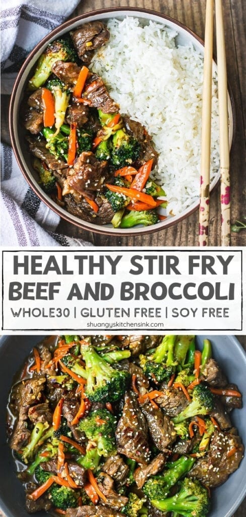 A bowl of healthy beef and broccoli stir fry with rice. there are green onion garnish on top and a pair of chopsticks on the side.