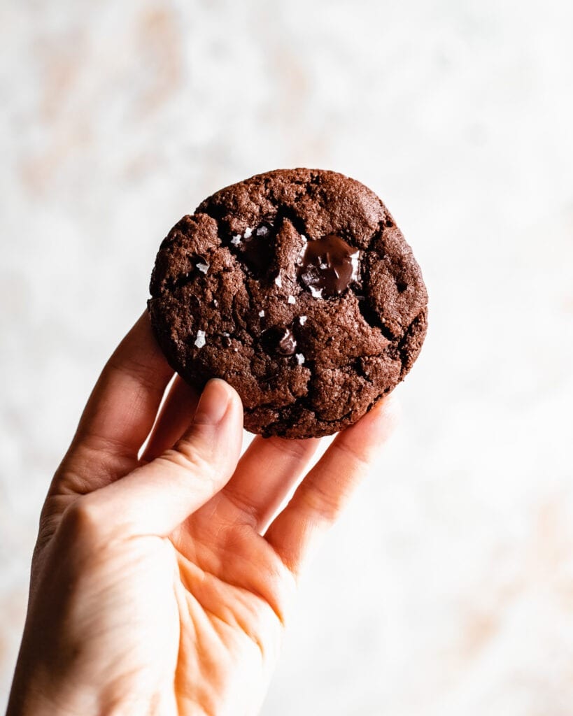 Una mano sosteniendo un trozo de galleta vegana de doble chocolate.