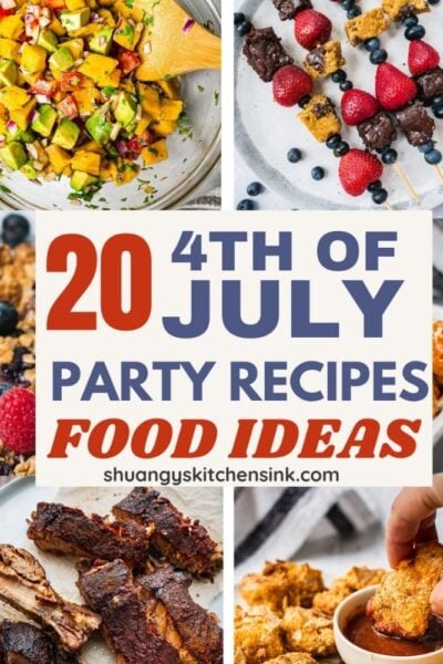 These are 20 4th of July food that you need for a crowd. Here you will find all the July 4th appetizers, side dishes and desserts. They are my favorite healthy recipes to make for the family because they are easy, kid friendly and are perfect to serve for a crowd.