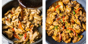 Chicken, garlic and bell peppers in a non stick skillet. There is a sticky chinese sauce beeing pored over. Instead of soy sauce coconut aminos has been used to make this asian stir fry gluten-free