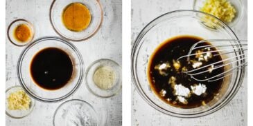 On the left picture there are Six small glass bowls on a table. There is one ingredient in each bowl. There are honey, coconut aminos, garlic, arrowroot starch, rice vinegar, and sesame oil. On the right picture the ingredients are being combined with a wisk.