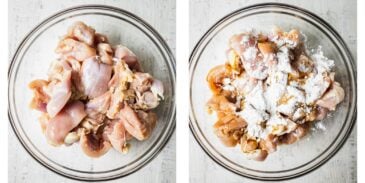 Two glass bowls next to each other. In the left one there is boneless chicken thighs cubed up. In the right bowl arrowroot and coconut aminos added to the chicken.
