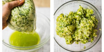 Liquid being squeezed out of shredded zucchini.