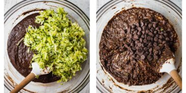 Two bowls with dairy free chocolate batter in it. In one bowl shredded zucchini is being added and in the second bols paleo chcolate chips are being folded in to the rich cake batter