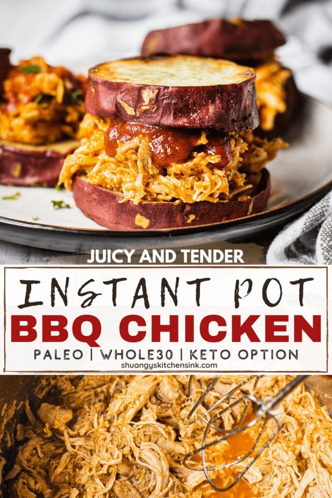 Instant Pot Pulled BBQ Chicken served with sweet potato buns for a Whole30 dinner idea.