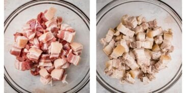cubes of pork in bowls. one bowl has raw meat, the other one has boiled meat in it