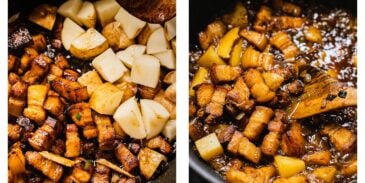 meat, ginger, potatoes, and onions are being pan fried