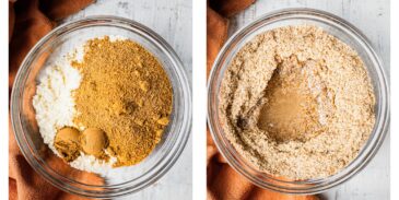 A bowl with gluten free almond flour and coconut sugar is being mixed together