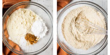 Almond flour, salt, tapioca flour, and baking soda being mixed together