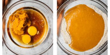 Eggs, pumpkin puree, coconut oil and maple syrup in a glass bowl.