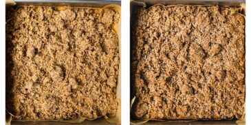A baking pan with a fall-spiced cake topped with sweet paleo streusel