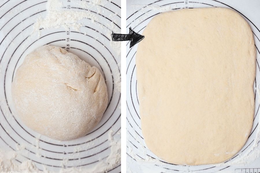 a soft and elastic dough has been rolled out to a rectangle on a silicone mat