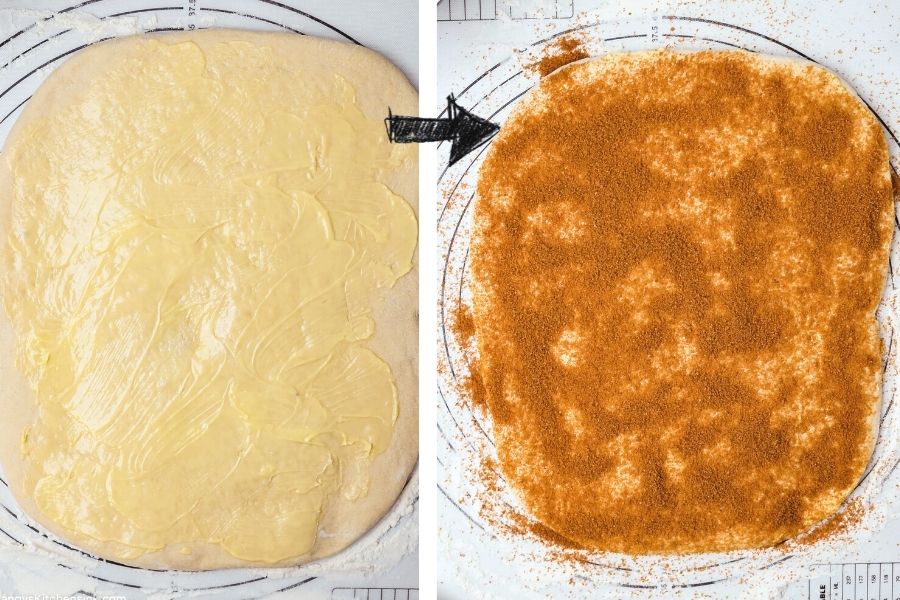 butter has been spread on top of a vegan dough, then topped with brown sugar