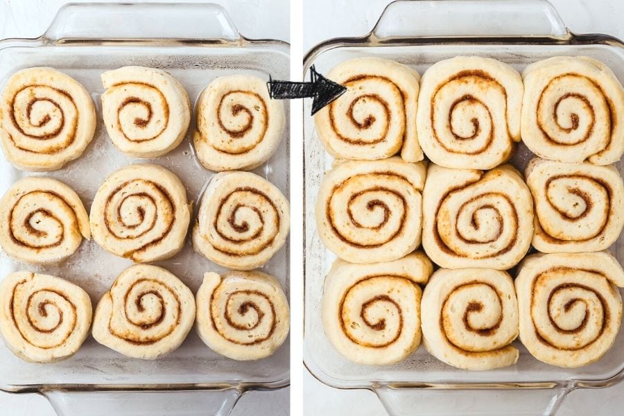 An 8 by 8 baking dish filled with cinnamon rolls yielding
