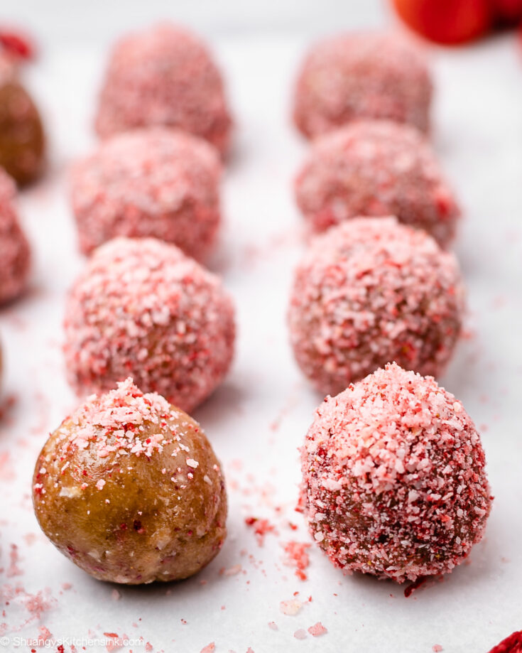 raw balls covered in sweet sugar-free pink dust