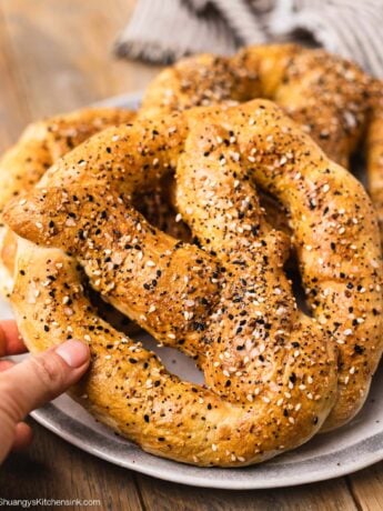 buttery homemade soft pretzel with everything but the bagel seasoning,
