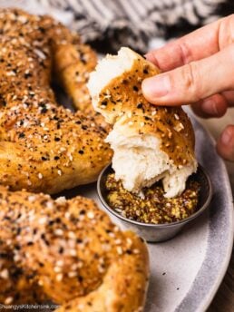 buttery homemade soft pretzel with everything but the bagel seasoning, served with a side of Dijon mustard