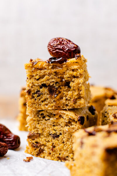 Stacked Corn Flour Sponge Cake filled and topped with Jujube dates.