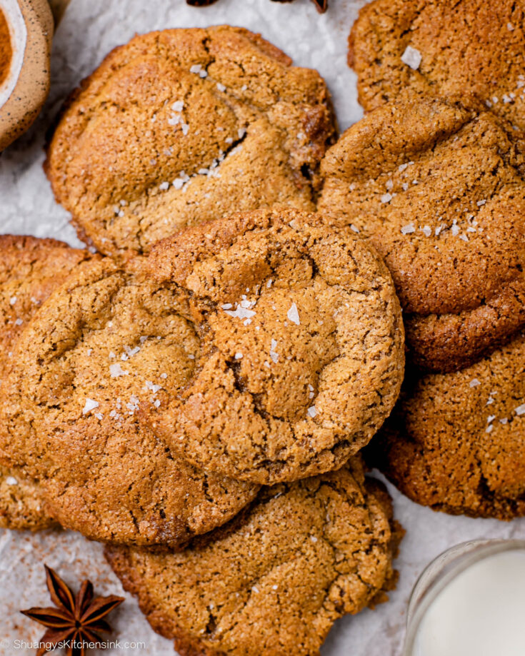golden brown pumpkin butter cookies are laying on a baking tray