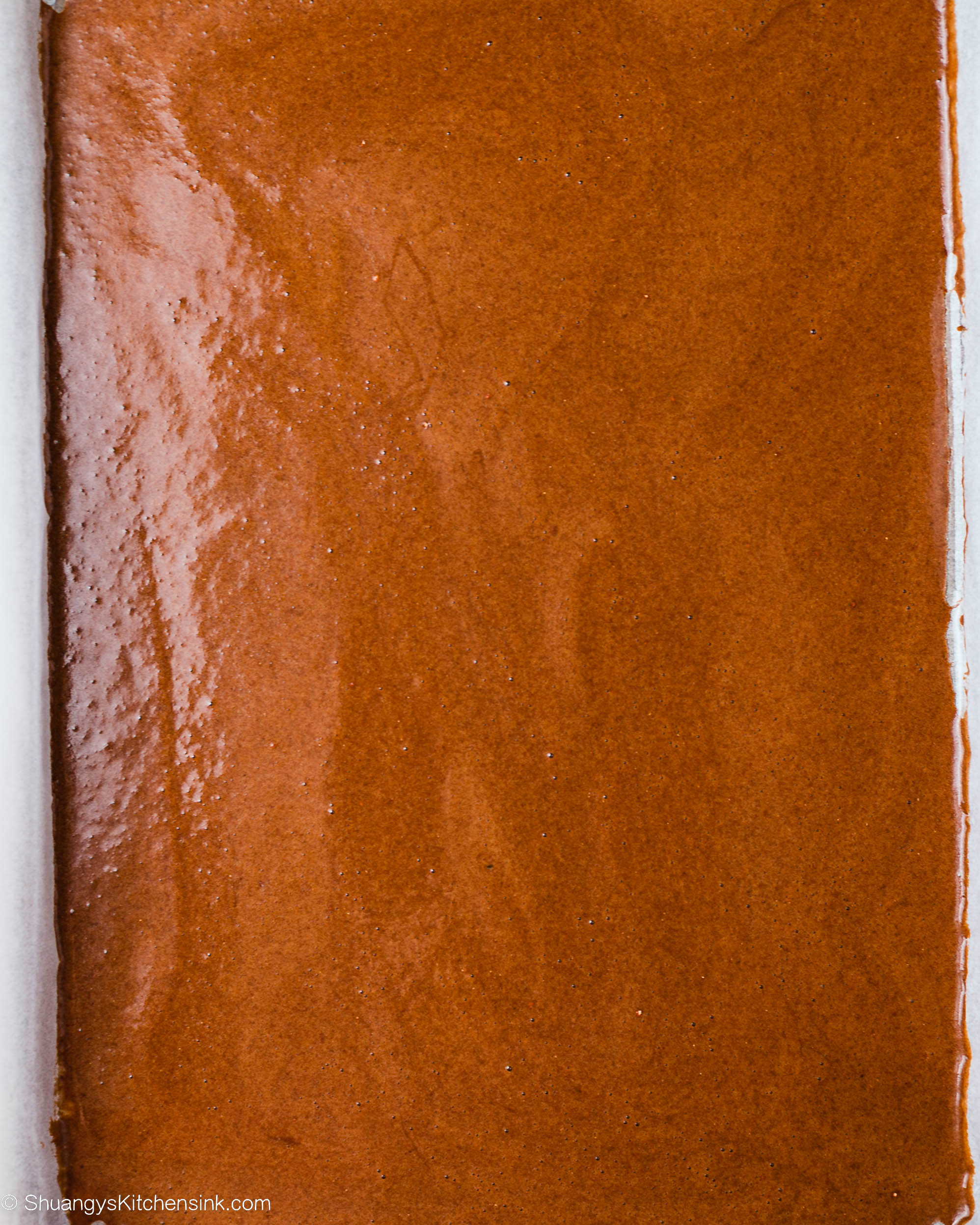A close-up view of a baking pan filled with smooth, glossy chocolate swiss roll batter, ready to be baked. The surface is even and rich brown, with light reflecting off this tempting gluten free mixture.