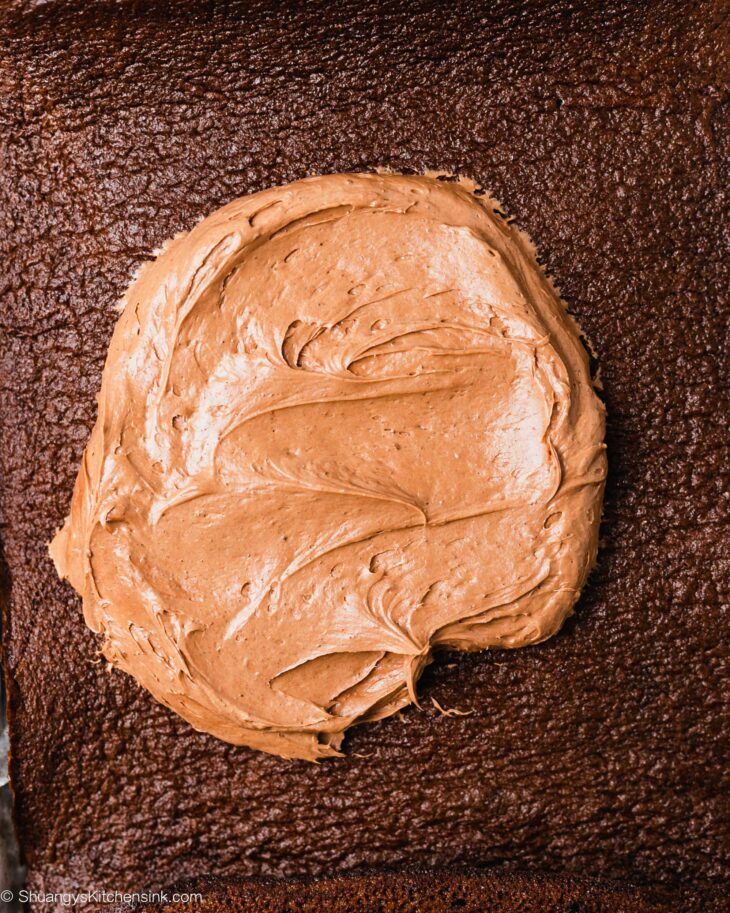 A close-up of a chocolate cake with a large dollop of creamy chocolate frosting spread on top, resembling a decadent gluten free treat or the rich swirl of a chocolate swiss roll.