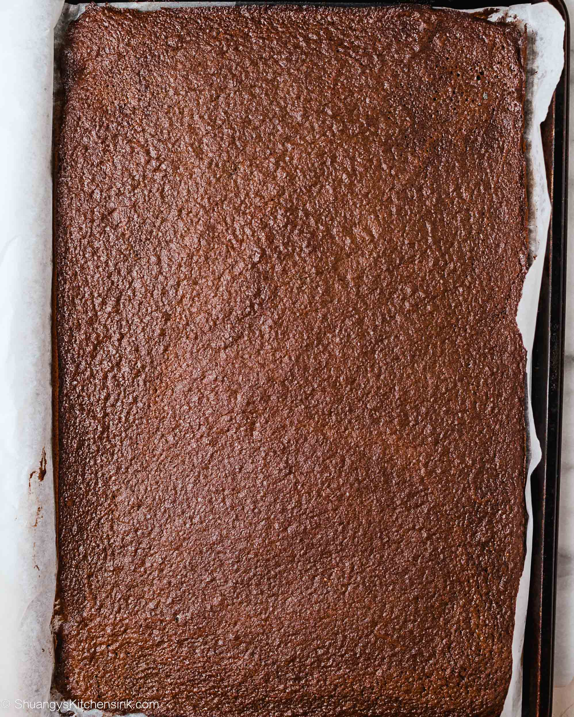 A large, rectangular sheet of gluten free chocolate cake rests on parchment paper in a baking tray, its smooth, dark brown surface ready to be rolled into a delicious chocolate swiss roll.