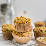 Baked pistachio banana muffins are being displayed