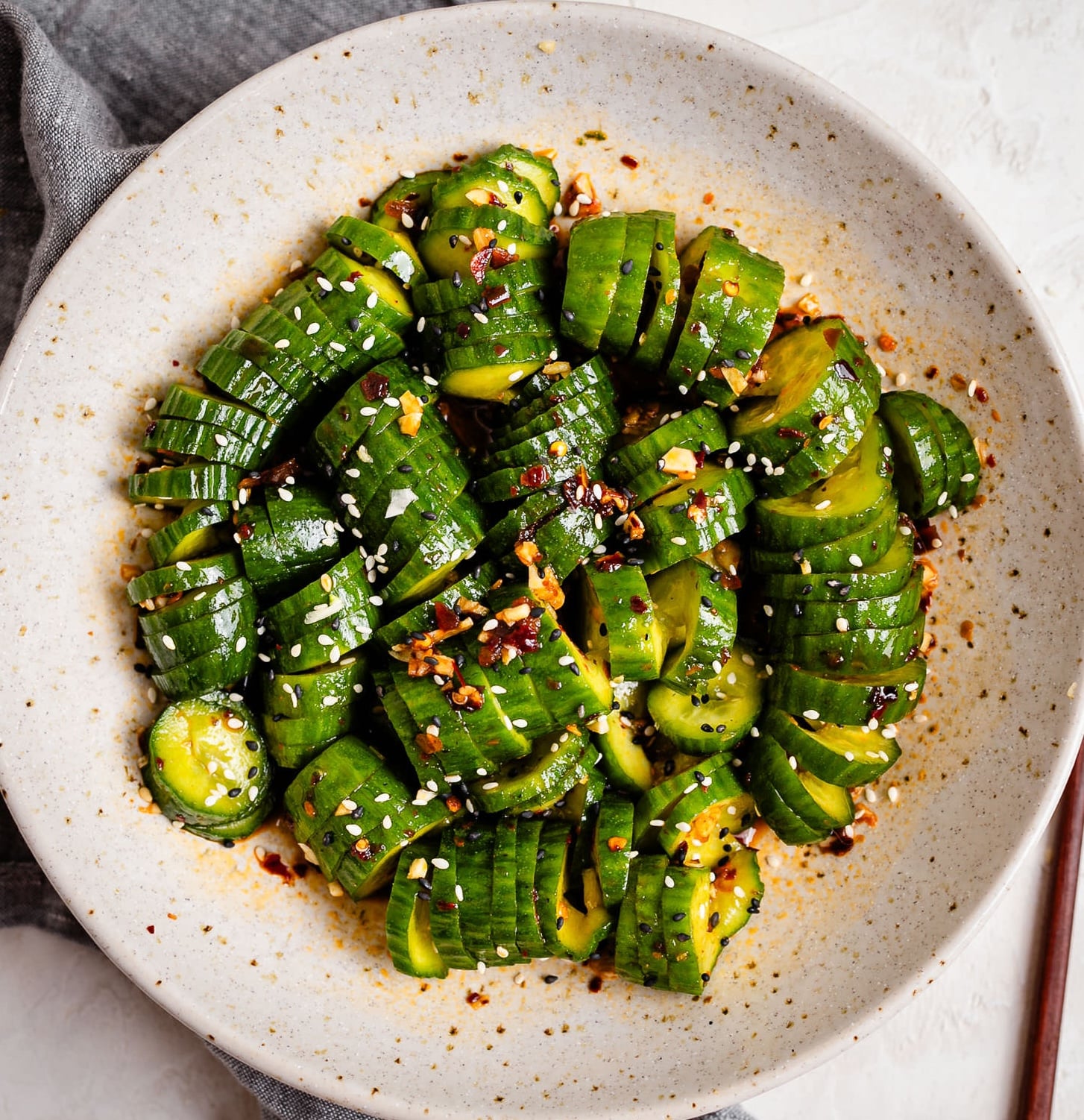 A plate of spicy cucumber salad.