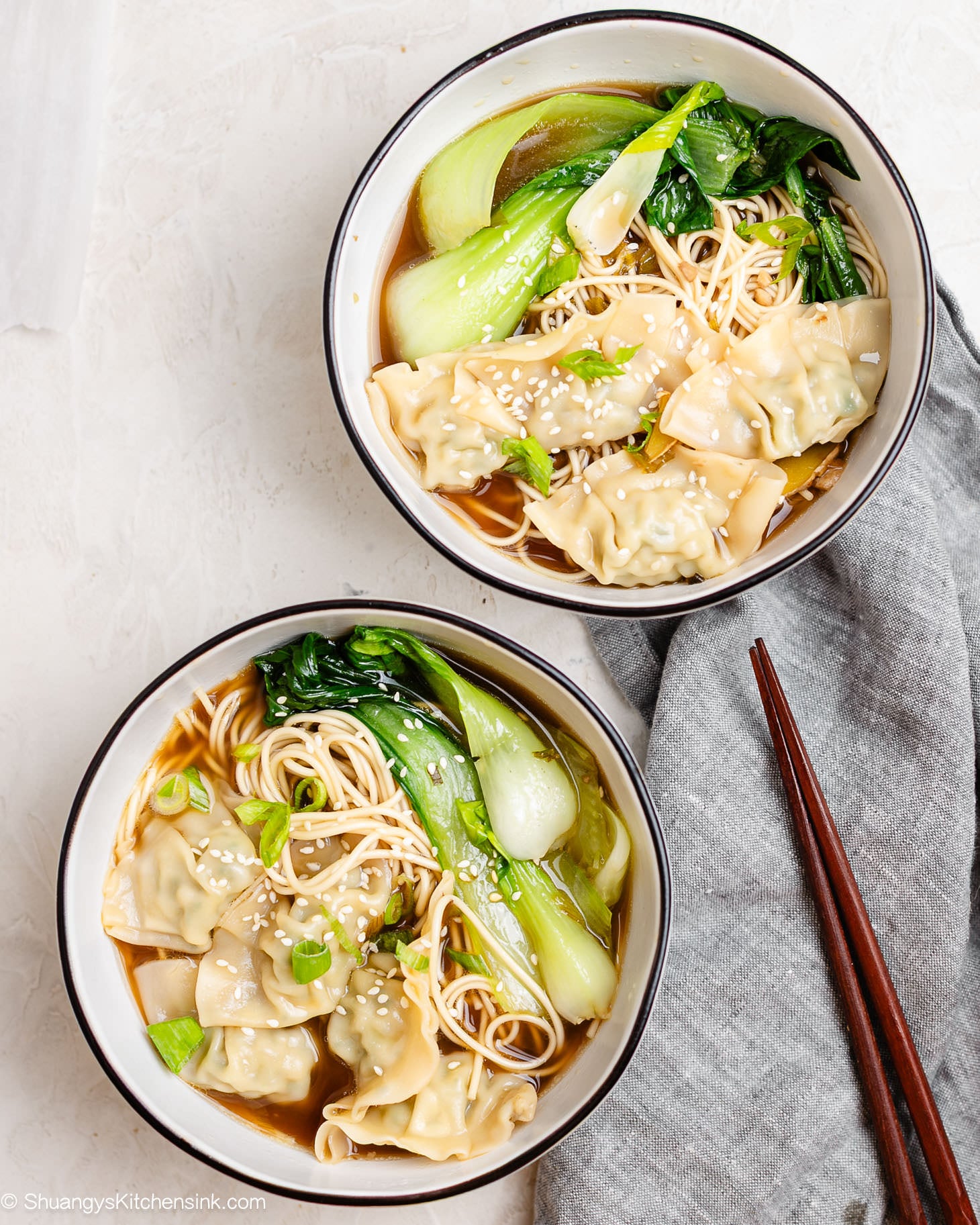 Easy Chinese wonton soup made with frozen wontons, bok choy, and noodles in rich bone broth — quick 10-minute Asian comfort food.