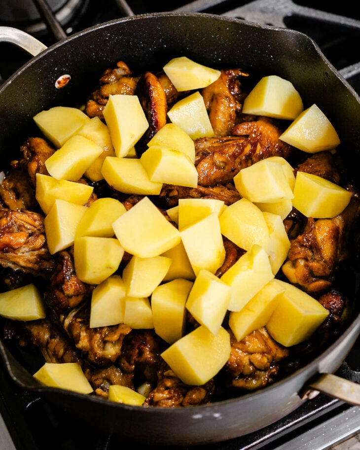 Add the chopped potatoes and sprinkle in a little extra salt if needed.