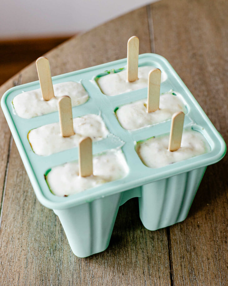 Pour the mixture into the molds and place a popsicle stick in the center.
