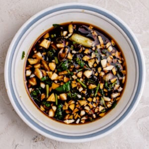 The combined all purpose Chinese marinade. In a bowl there is coconut aminos, Shaoxing wine, honey, minced garlic, cilantro and green onion.